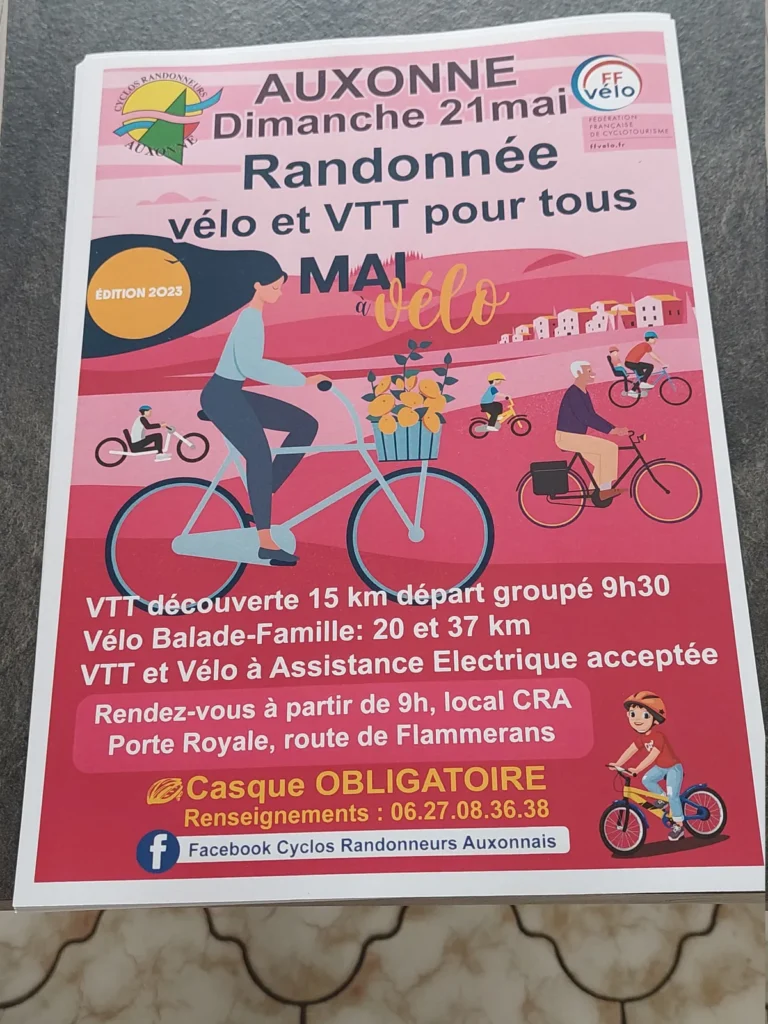 Affiche Mai à vélo 2023 : Auxonne, dimanche 21 mai, randonnée vélo et VTT pour tous. VTT découverte 15 km, départ groupé 9h30 ; vélo balade-famille 20 et 37 km ; VTT et vélo à assistance électrique acceptés. Rendez-vous à partir de 9h au local CRA, Porte Royale, route de Flammerans. Casque obligatoire. Renseignements : 06.27.08.36.38