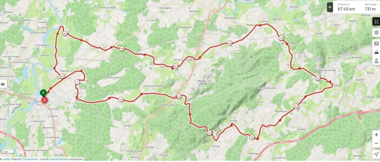 Carte du parcours de 67 km du brevet Saône-Doubs 2024