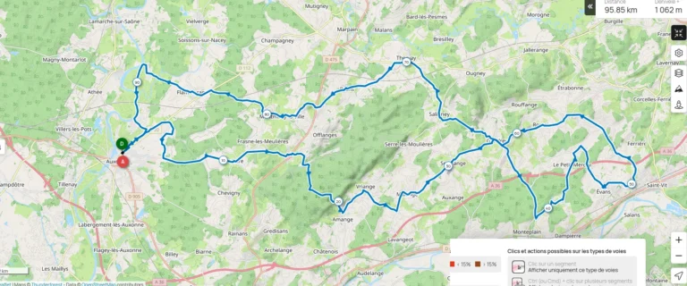 Carte du parcours de 95 km du brevet Saône-Doubs 2024
