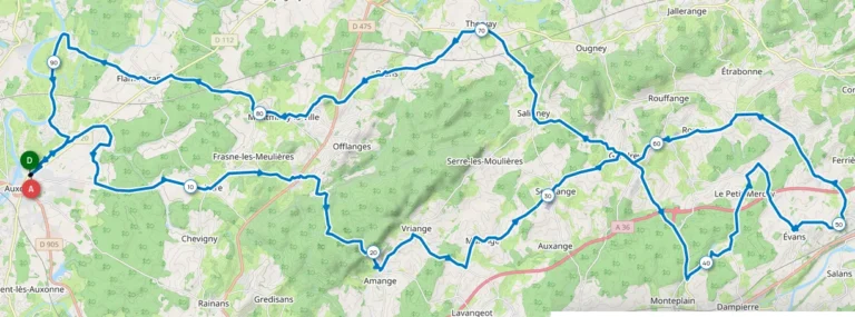 Carte du parcours bleu de 95 km de la randonnée Saône-Doubs 2025