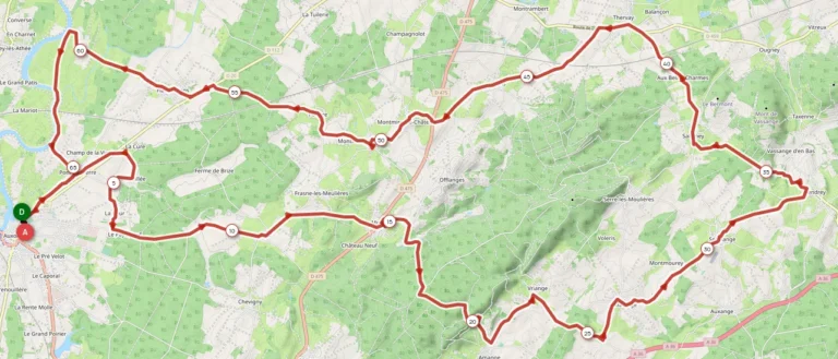 Carte du parcours rouge de 67 km de la randonnée Saône-Doubs 2025